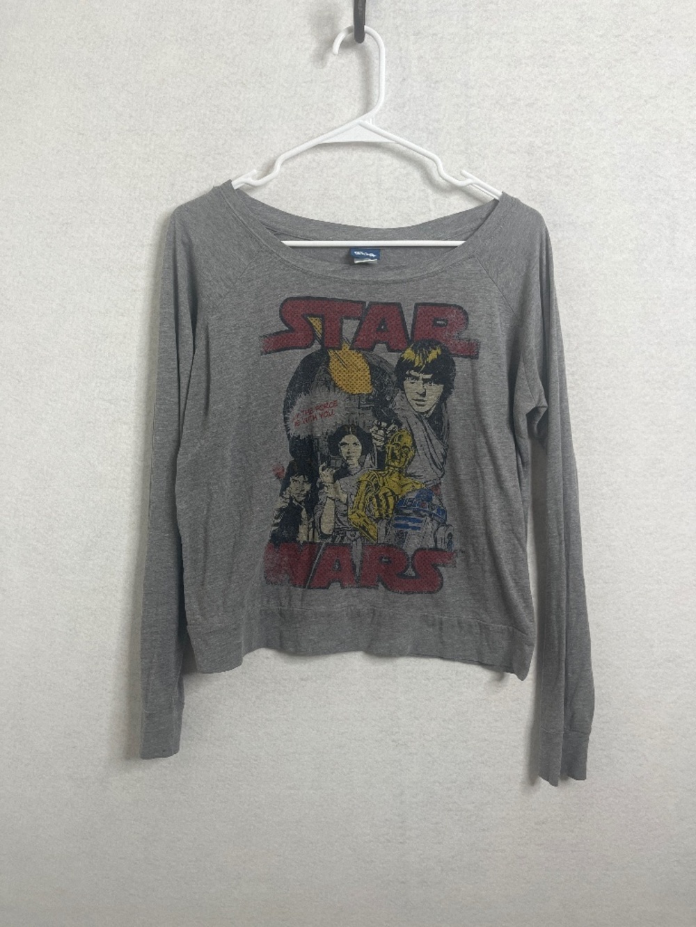 Star Wars Graphic Long Sleeve Crop Top Gray Luke Leia Yoda Tee M